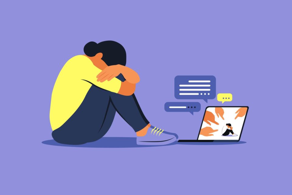 cyber bullying concept depressed woman sitting on the floor opinion and the pressure of society shame flat vector scaled